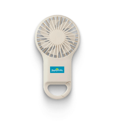 Small, white handheld fan with a circular blade guard and a hook at the bottom, featuring a logo on the handle.