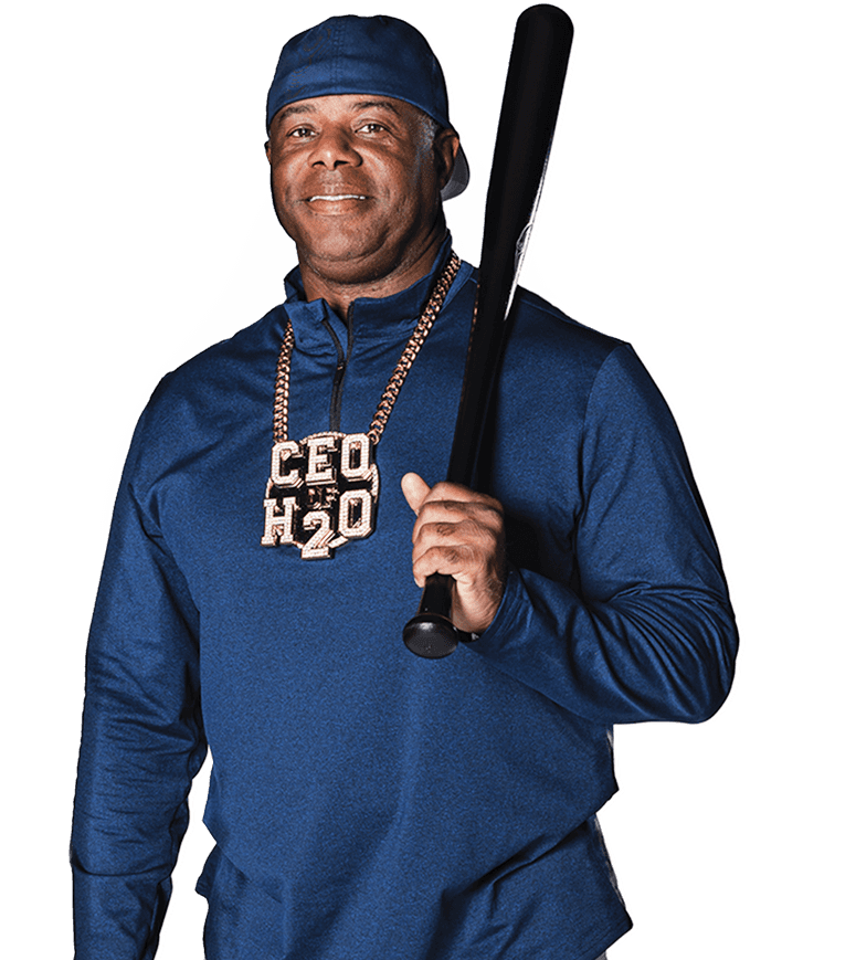 Ken Griffey Jr. in a blue outfit holding a black baseball bat, wearing a large "CEO H20" chain necklace.