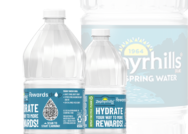 The Zephyrhills spring water Rewards Drop™ loyalty program displayed on each bottle.
