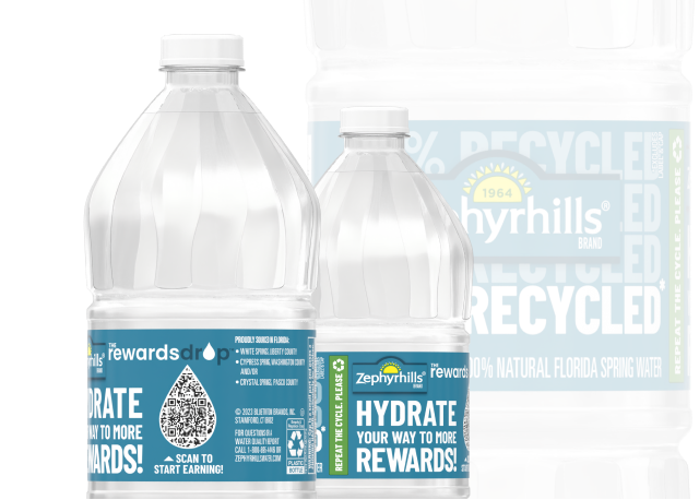 The Zephyrhills spring water Rewards Drop™ loyalty program displayed on each bottle.